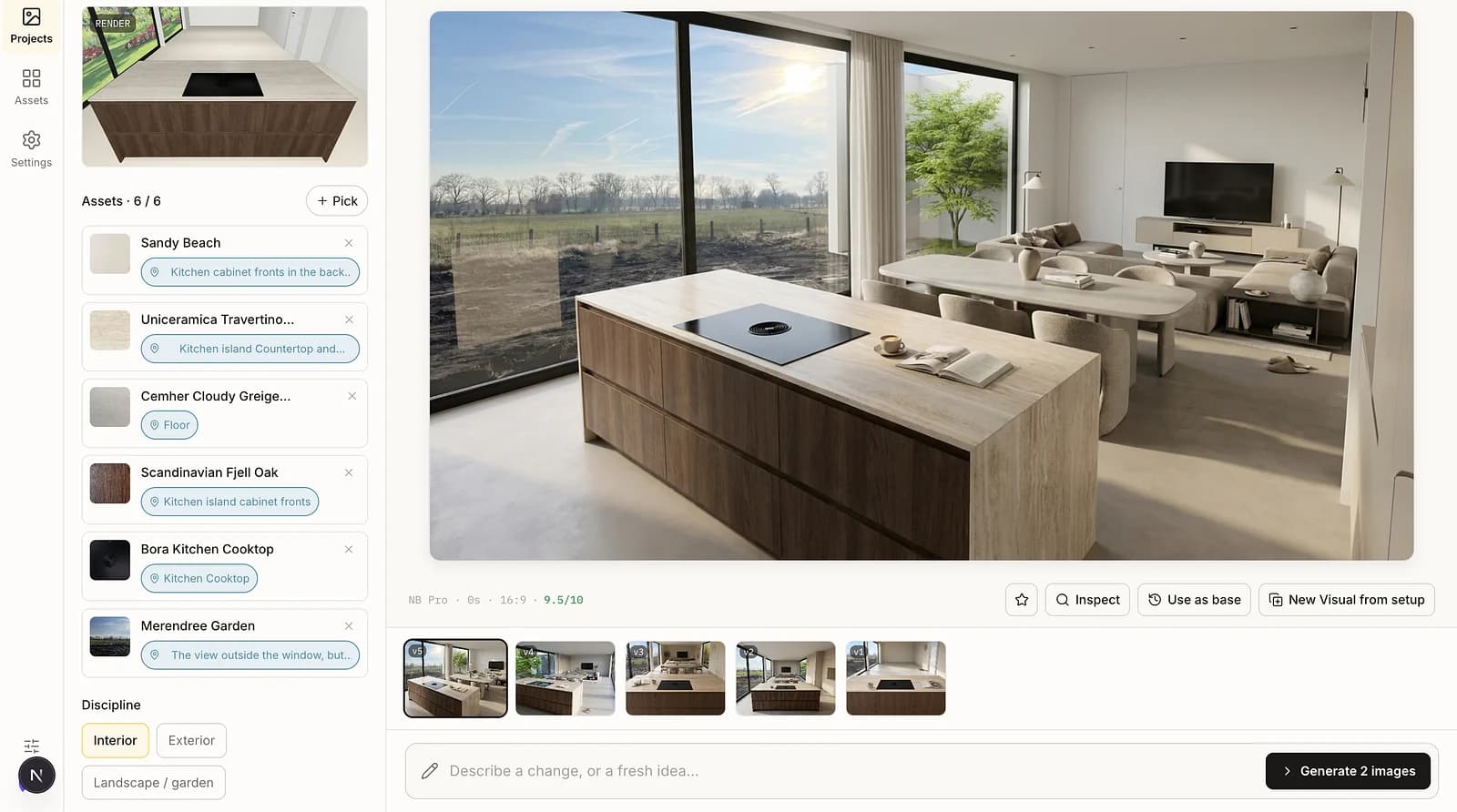 The Timagine playground: the render, attached supplier samples, scene controls and the generated photograph