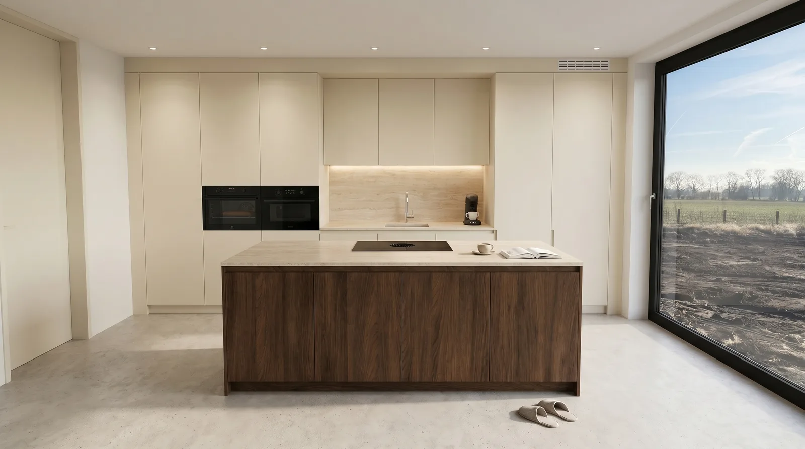 Midday, frontal view, every cabinet where you drew it.
